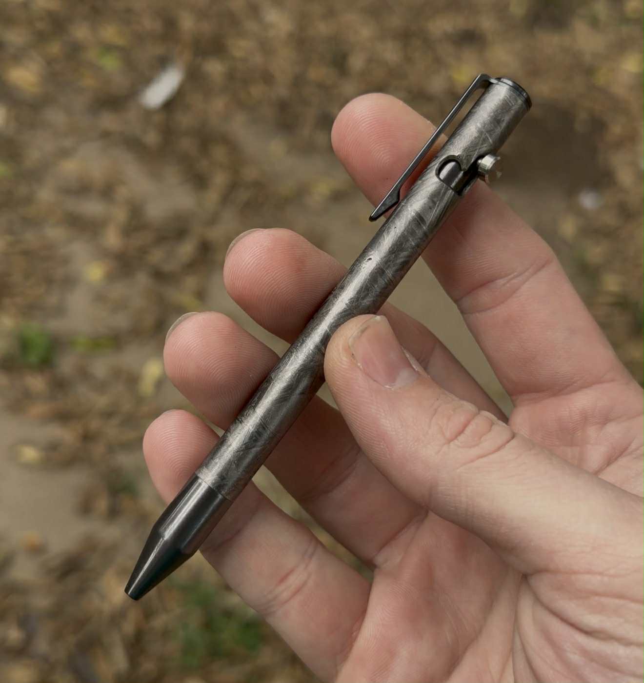 Hand holding a metallic pen with a blurred natural background